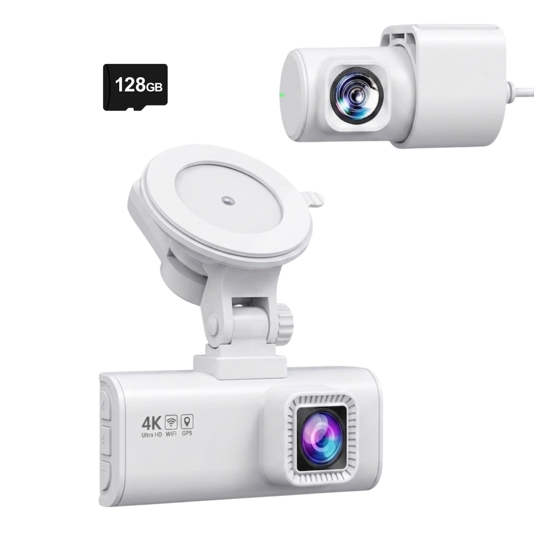 4K Front and Rear Dash Camera with GPS, WiFi, and 128GB Card