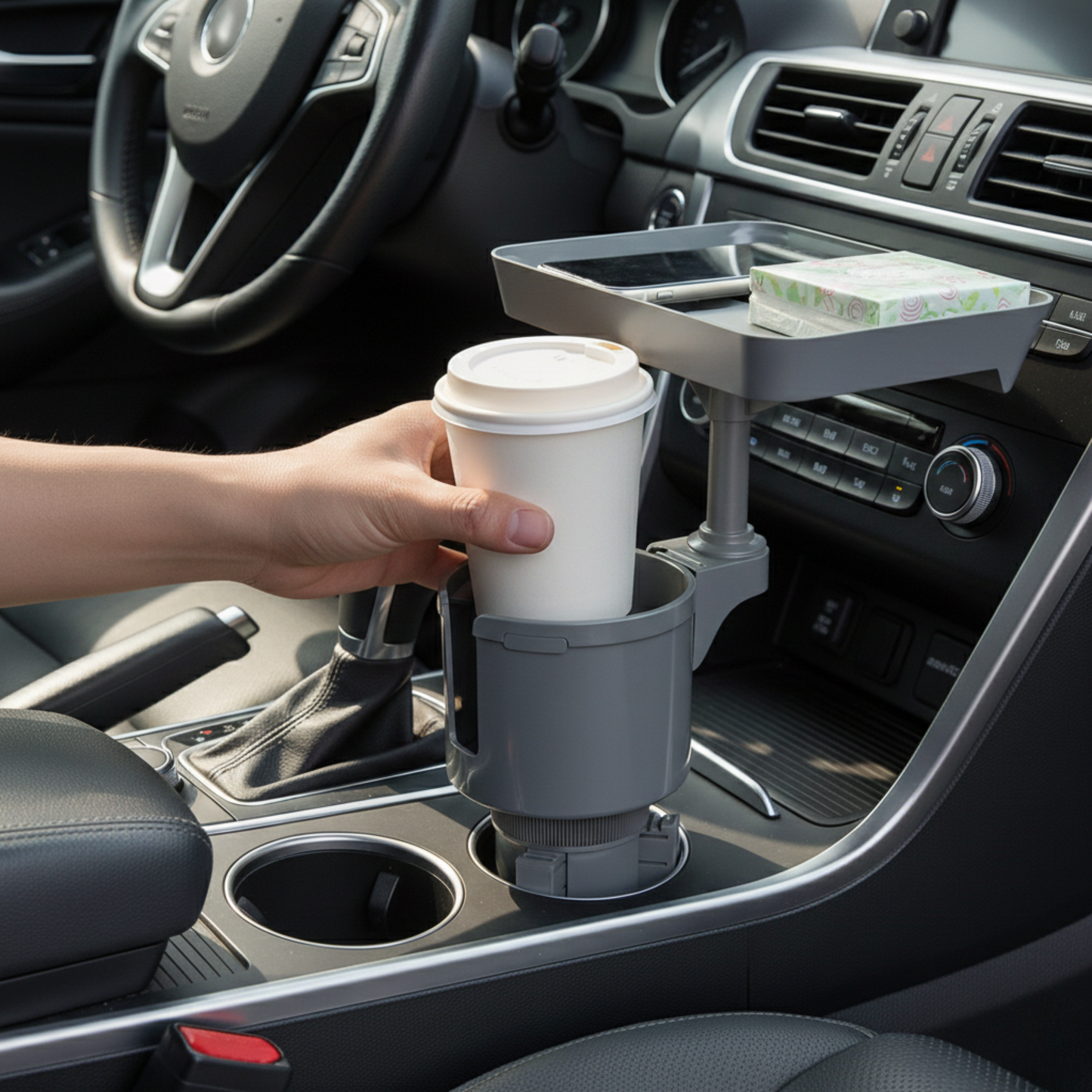 Car Cup Holder Tray with 360° Rotation and Adjustable Expander Base
