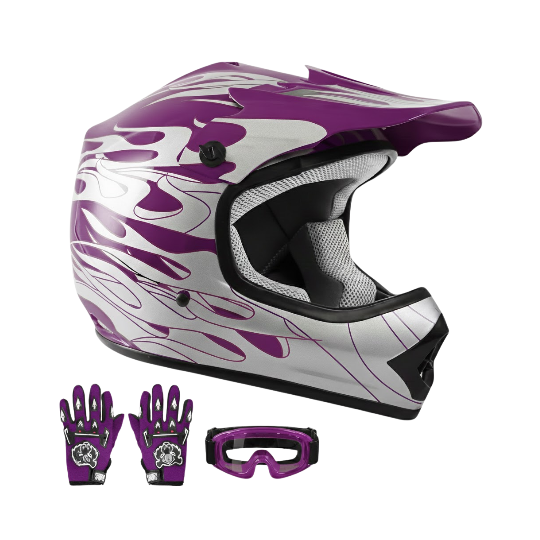 Youth Full Face Motorcycle Helmet with Goggles and Gloves Set